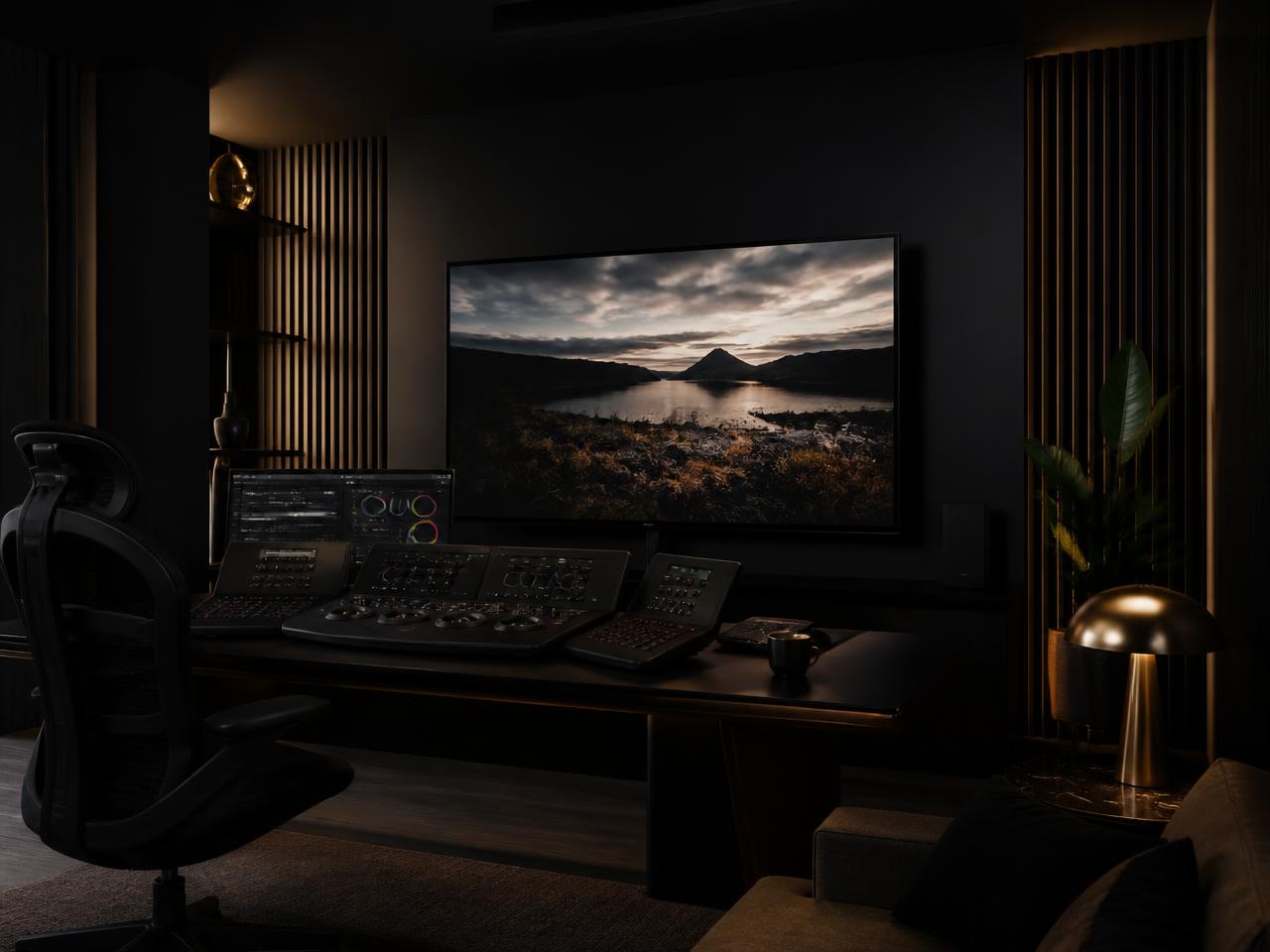 Dunkles Color-Grading-Studio mit Kontrollpult