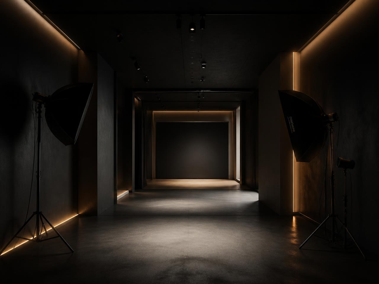 Leeres Studioset mit Softboxen und warmem Streiflicht